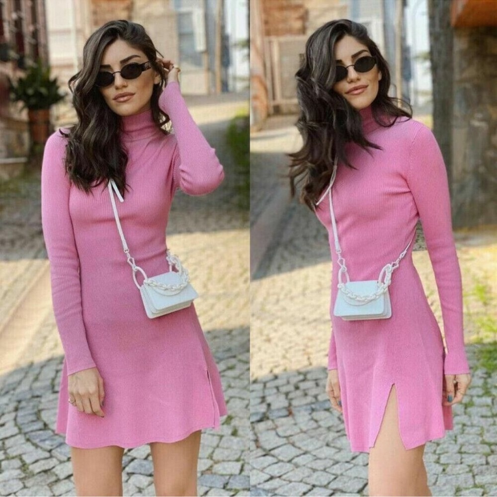 Zara New Woman Knit Mini Dress Flared Hem Slit Pink Size M NWT